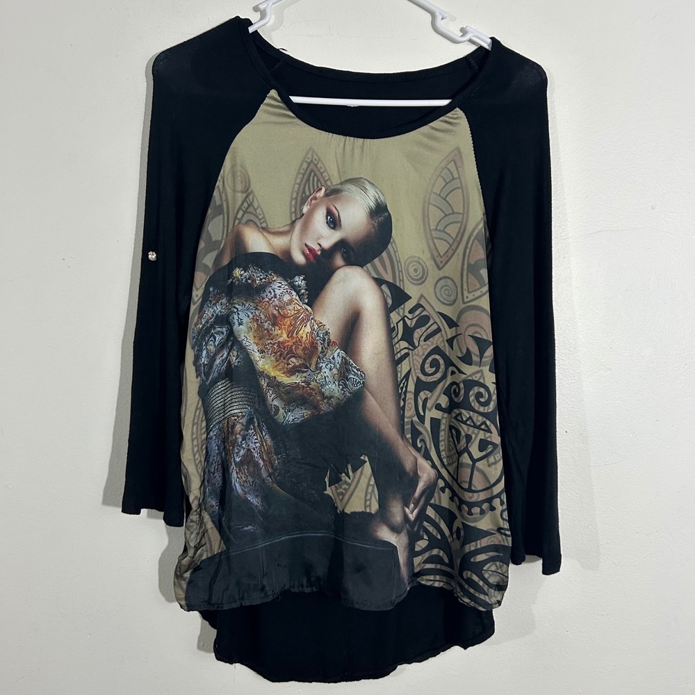 Woman Graphic Print Top Art Tribal Raglan Sleeve Blouse T-Shirt Small